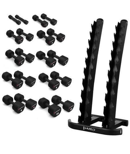 ZESTAW HANTLI POLIURETANOWYCH HPT 2 x 1 - 10 KG (110 KG) + STOJAK STR37 HMS